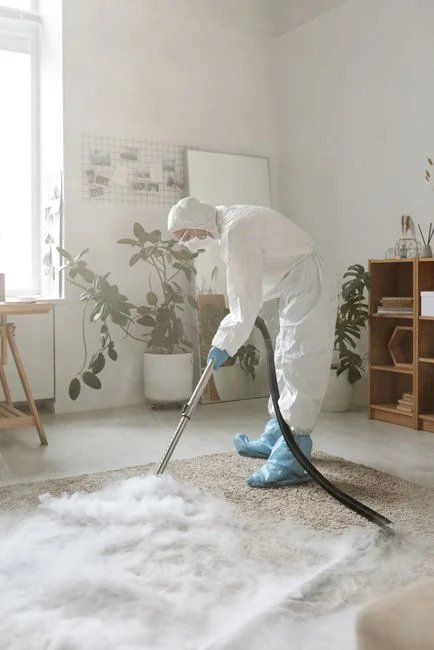 about-01 Two women in work clothes cleaning a modern living room using a vacuum and mop.